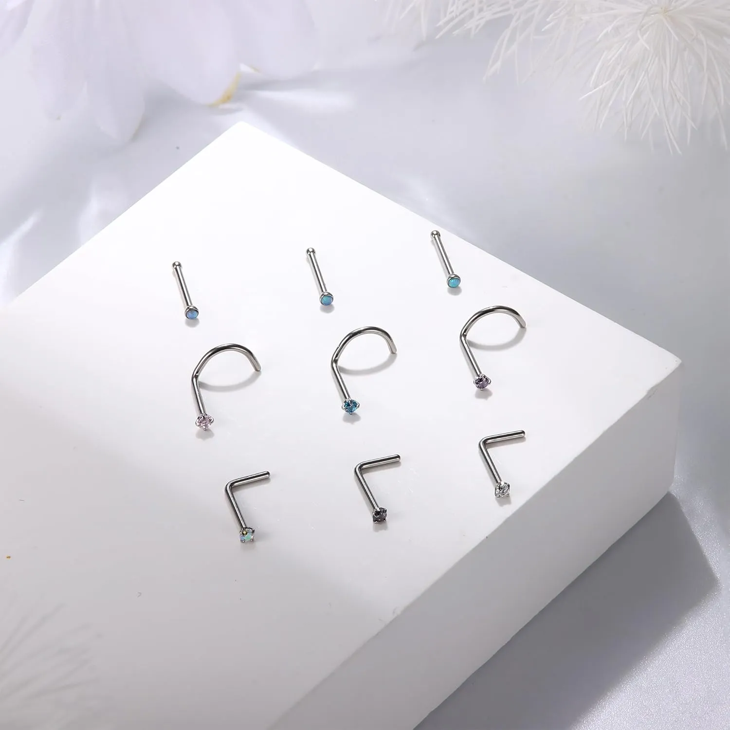 14K Gold Nose Studs 20G L Shaped Nose Rings - G23 Titanium Nose Studs Screw 1.5MM/2.0MM/2.5MM- Shiny CZ Heart Star Nose Piercing Jewelry Hypoallergenic Titanium Nose Ring for Women Men 9Pcs