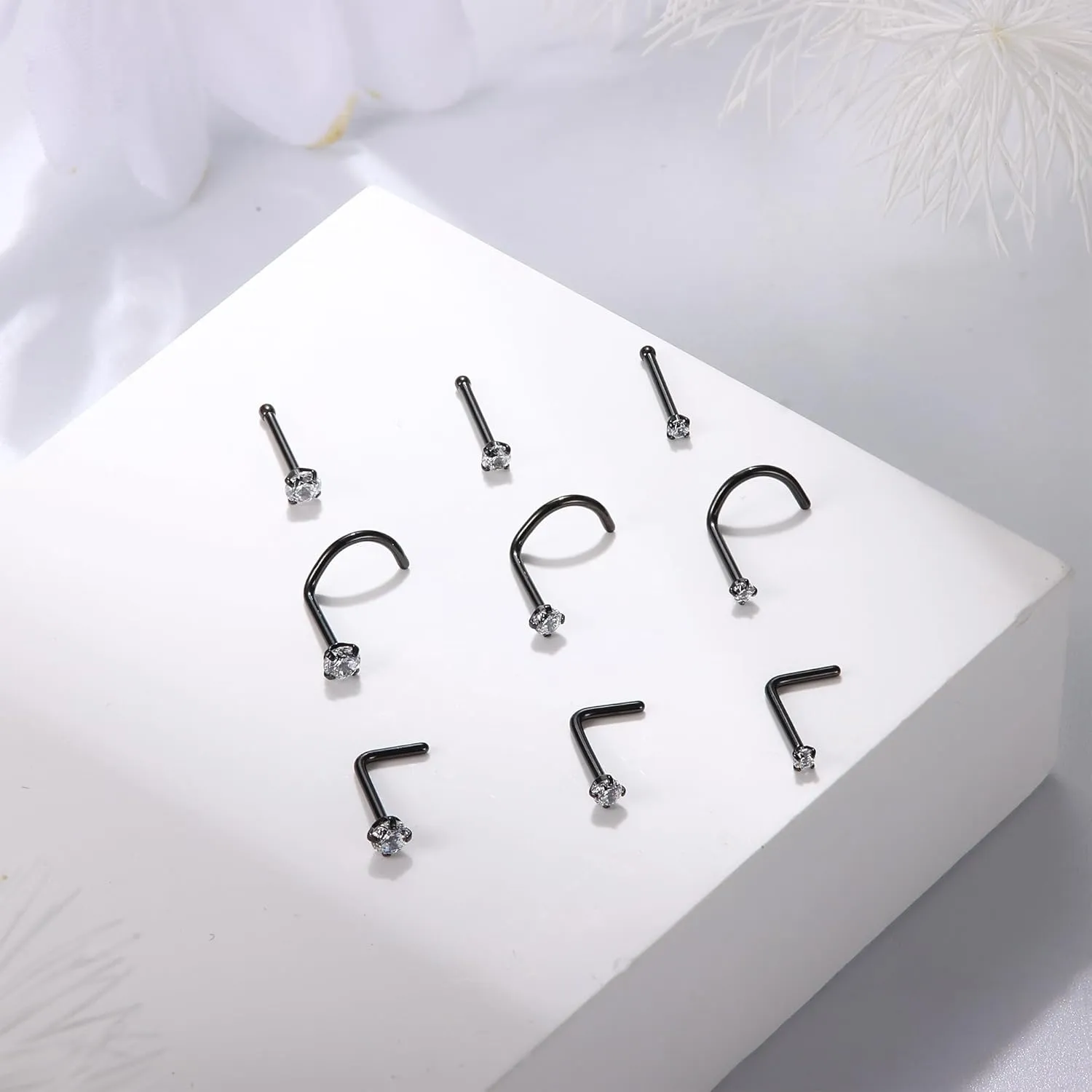 14K Gold Nose Studs 20G L Shaped Nose Rings - G23 Titanium Nose Studs Screw 1.5MM/2.0MM/2.5MM- Shiny CZ Heart Star Nose Piercing Jewelry Hypoallergenic Titanium Nose Ring for Women Men 9Pcs