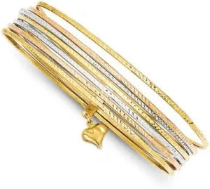 14K Tri-Color Gold 7 Slip-On Bangles with Heart Charm