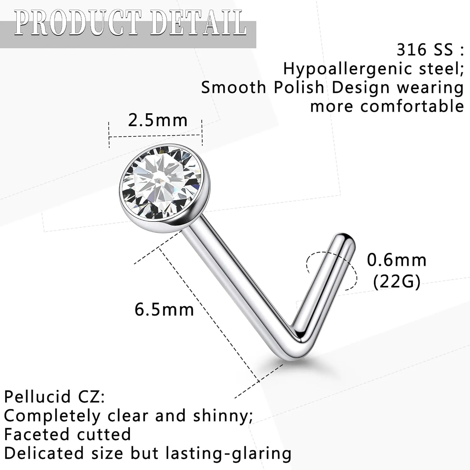 18G 20G 22G Nose Rings Studs Piercing Jewelry For Women Men 316L Surgical Steel Round Cubic Zirconia Nose Rings Studs Nostrial Piercing Jewelry CZ 1.5mm 2mm 2.5mm 3mm 3.5mm 4mm Silver 60Pcs