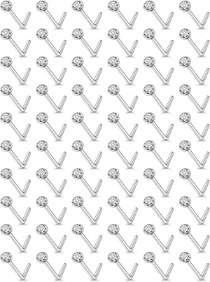 18G 20G 22G Nose Rings Studs Piercing Jewelry For Women Men 316L Surgical Steel Round Cubic Zirconia Nose Rings Studs Nostrial Piercing Jewelry CZ 1.5mm 2mm 2.5mm 3mm 3.5mm 4mm Silver 60Pcs