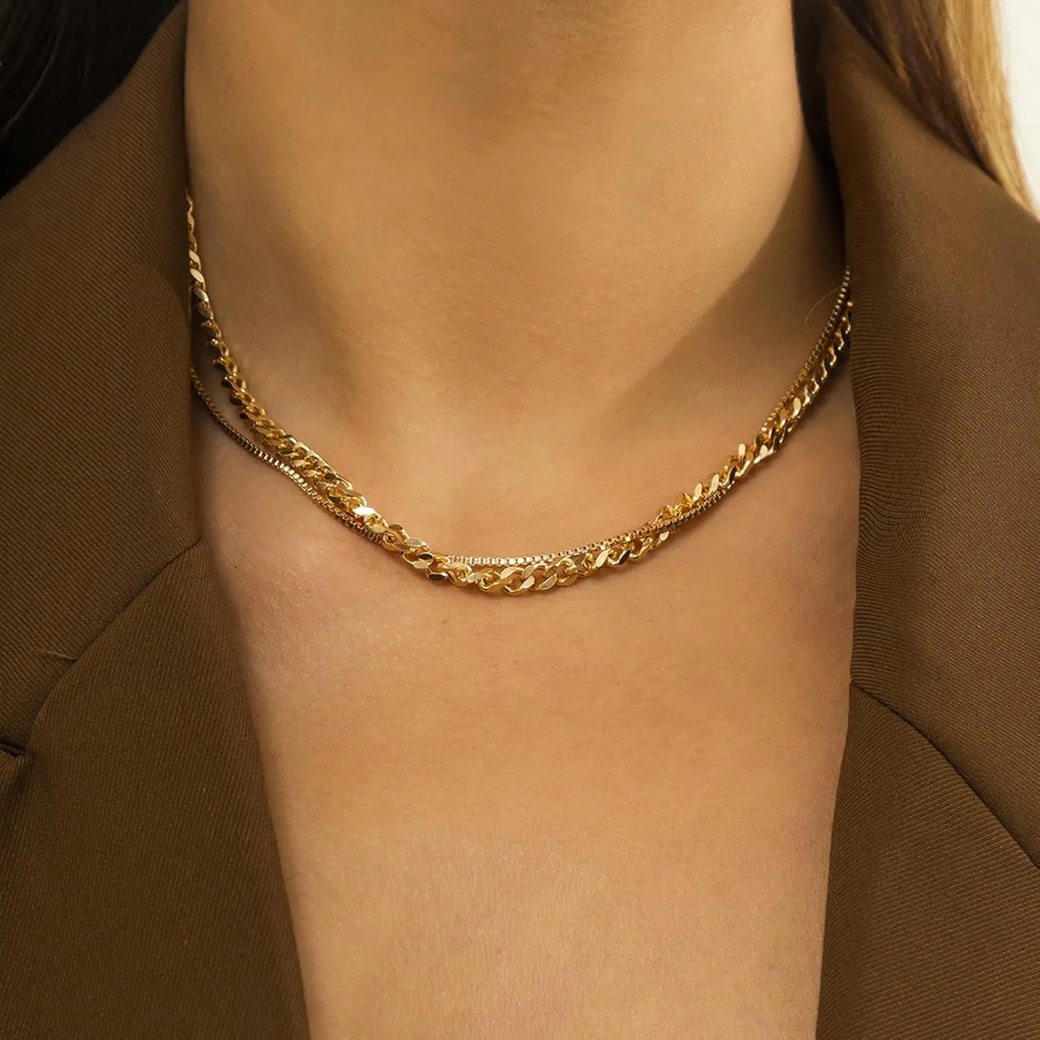 2 Layer Friend Necklaces for Women, Cuban Necklace Box Chain Long Gold Multi Layered Necklaces for Women