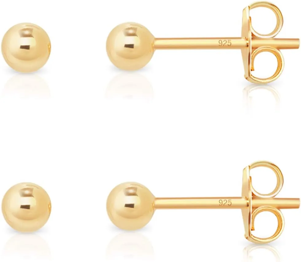 2 PAIRS 925 sterling silver stud earrings for women - tiny stud earrings - 24K Yellow or 18K Rose Gold Plated balls - small gold stud earrings - earrings studs pack - Diameter: 2, 3 or 4 mm