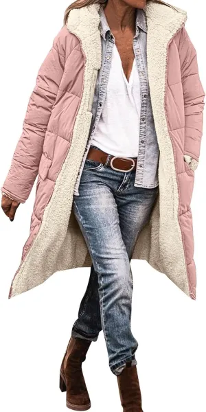 2024 Thick Solid Zipper Length Puffer Coat for Womens Long Sleeve Pockets Down Coat Casual Warm Fitted Fleece Coat