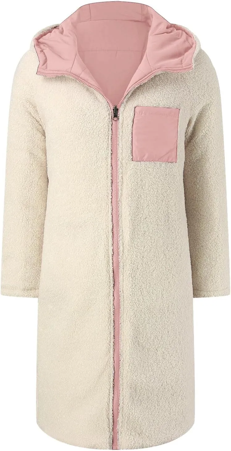 2024 Thick Solid Zipper Length Puffer Coat for Womens Long Sleeve Pockets Down Coat Casual Warm Fitted Fleece Coat