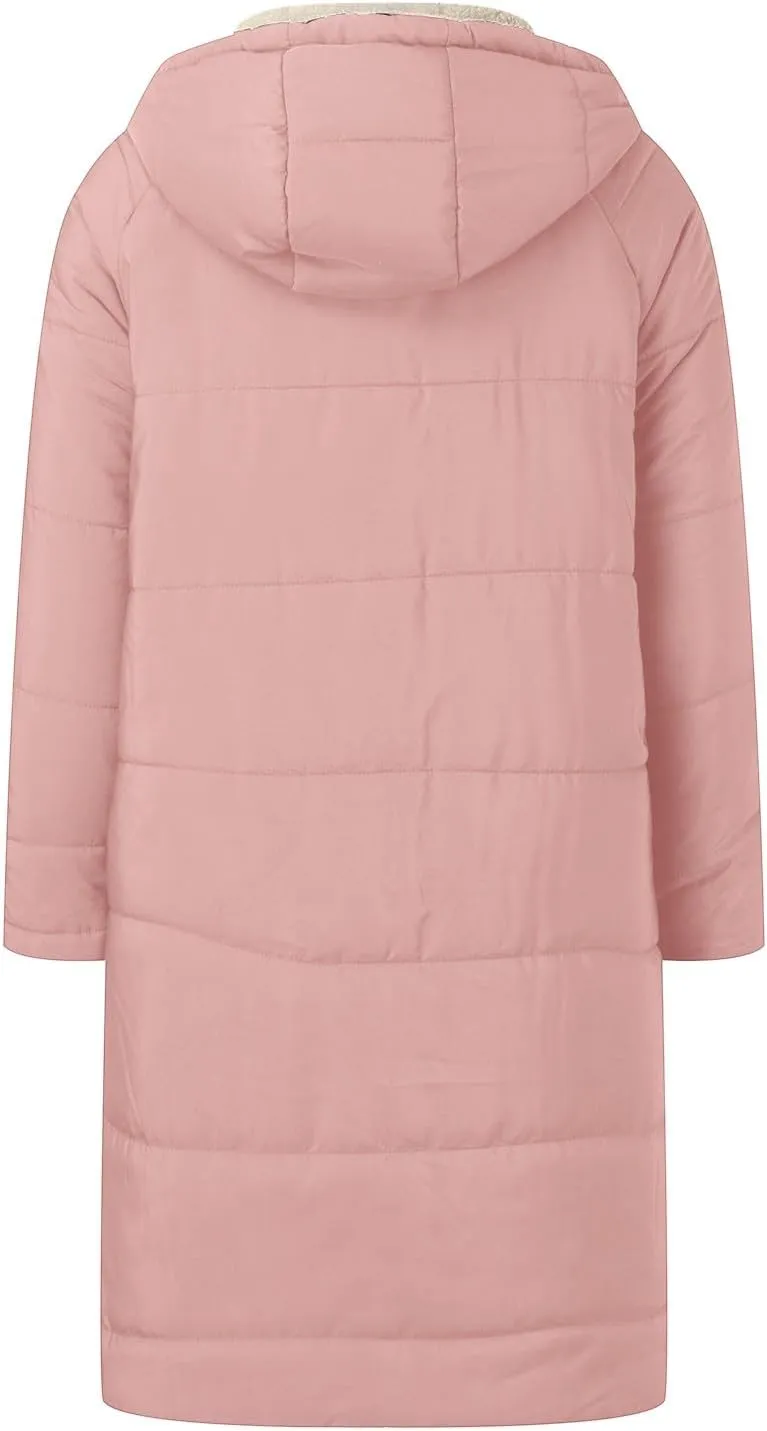 2024 Thick Solid Zipper Length Puffer Coat for Womens Long Sleeve Pockets Down Coat Casual Warm Fitted Fleece Coat