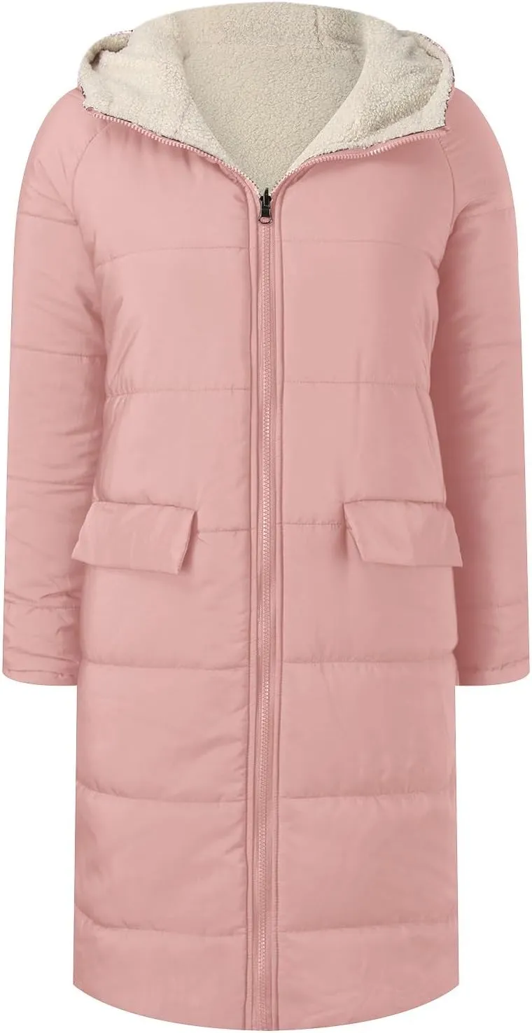 2024 Thick Solid Zipper Length Puffer Coat for Womens Long Sleeve Pockets Down Coat Casual Warm Fitted Fleece Coat