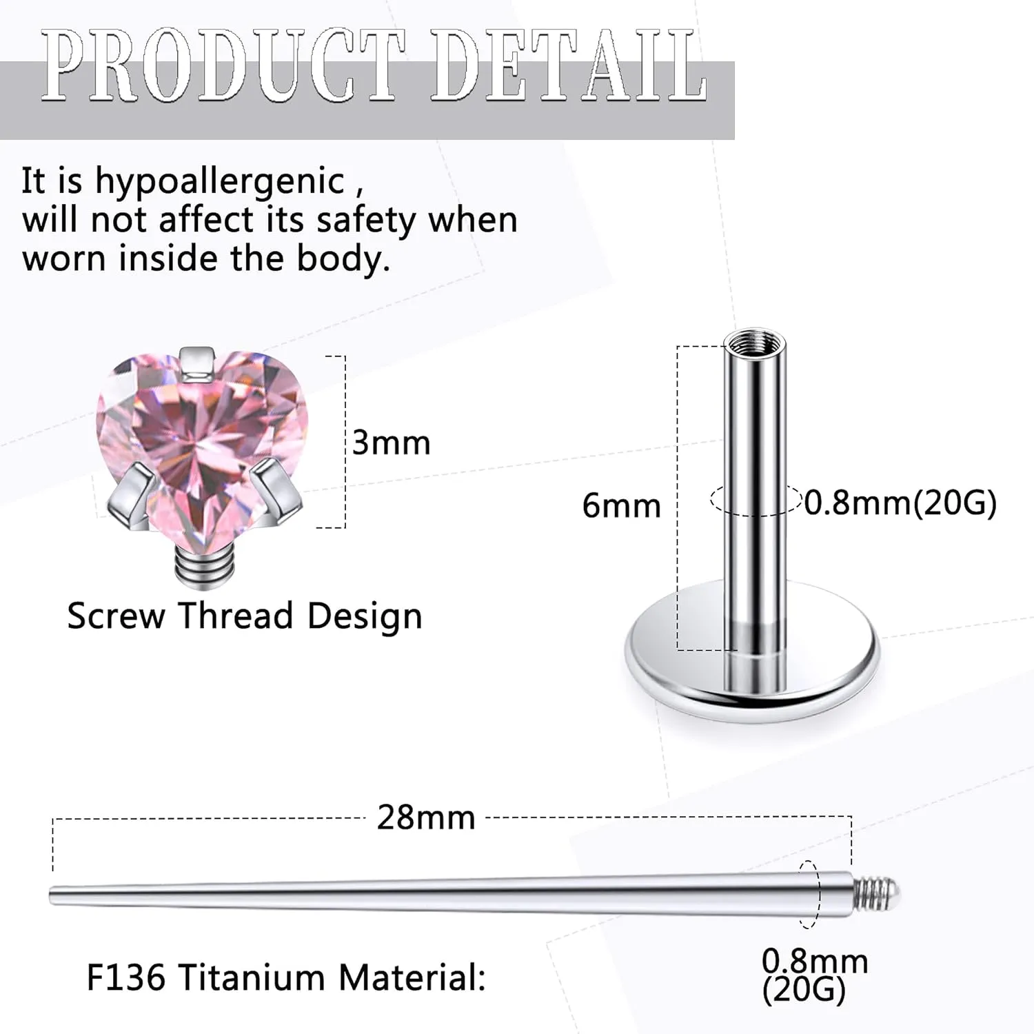 20G 18G 16G Internally Threaded Astm F136 Titanium Nose Ring Studs Flat Back Studs Earrings G23 Titanium Tragus Helix Conch Cartilage Earrings Piercing Jewelry For Women Men Clear Pink CZ