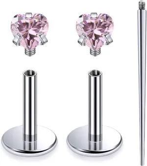 20G 18G 16G Internally Threaded Astm F136 Titanium Nose Ring Studs Flat Back Studs Earrings G23 Titanium Tragus Helix Conch Cartilage Earrings Piercing Jewelry For Women Men Clear Pink CZ