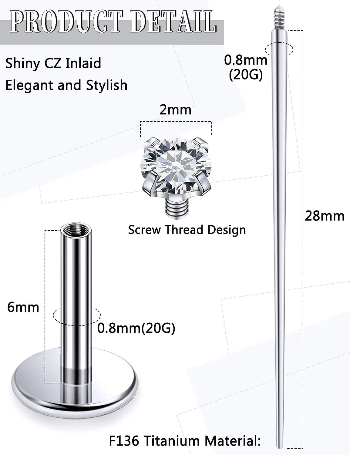 20G 18G 16G Internally Threaded Astm F136 Titanium Nose Ring Studs Flat Back Studs Earrings G23 Titanium Tragus Helix Conch Cartilage Earrings Piercing Jewelry For Women Men CZ 2mm 3mm 4mm