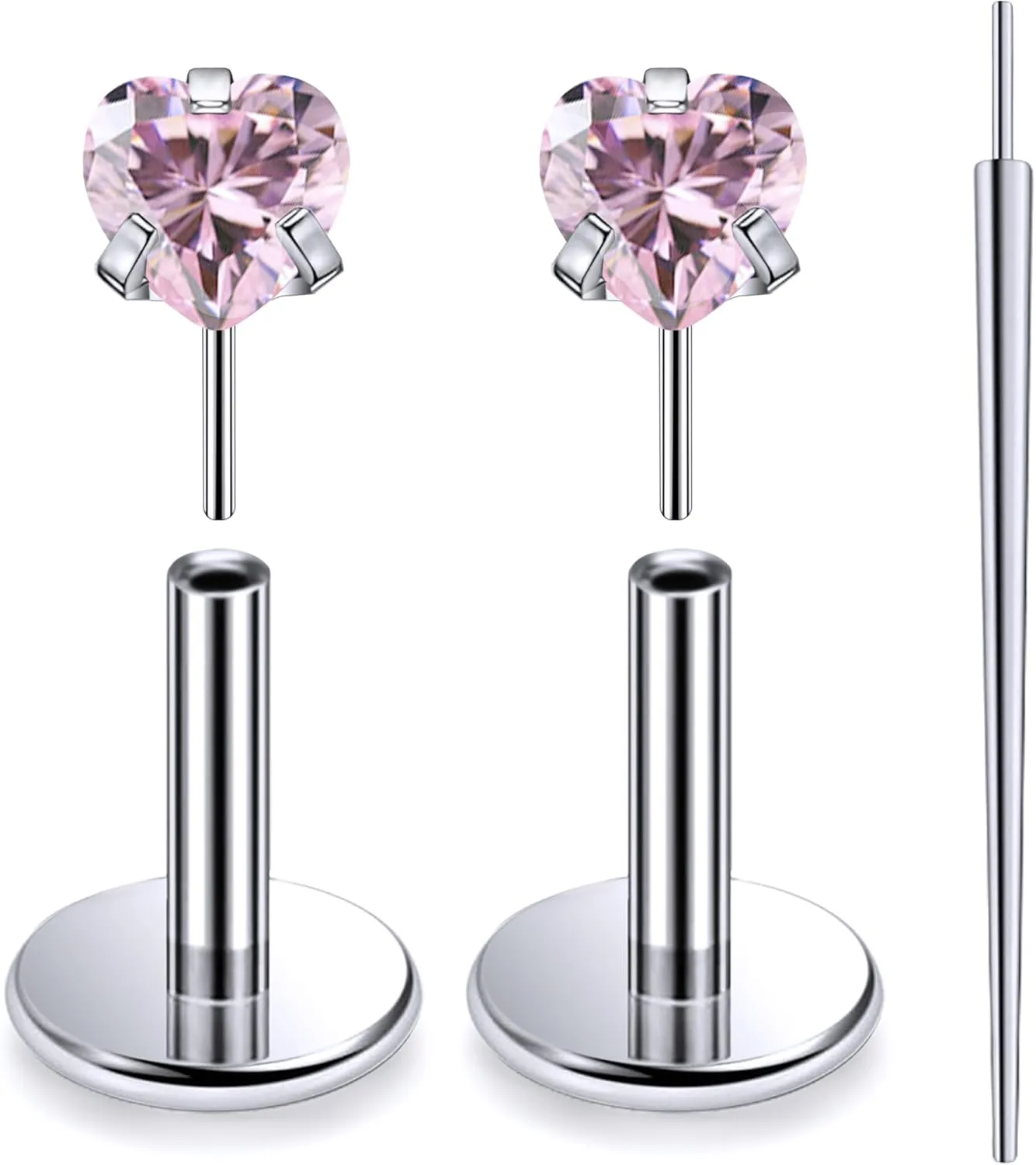 20G 18G 16G Threadless Push In Astm F136 Titanium Nose Ring Studs Flat Back Studs Earrings G23 Titanium Tragus Helix Conch Cartilage Earrings Piercing Jewelry For Women Men Clear Pink CZ