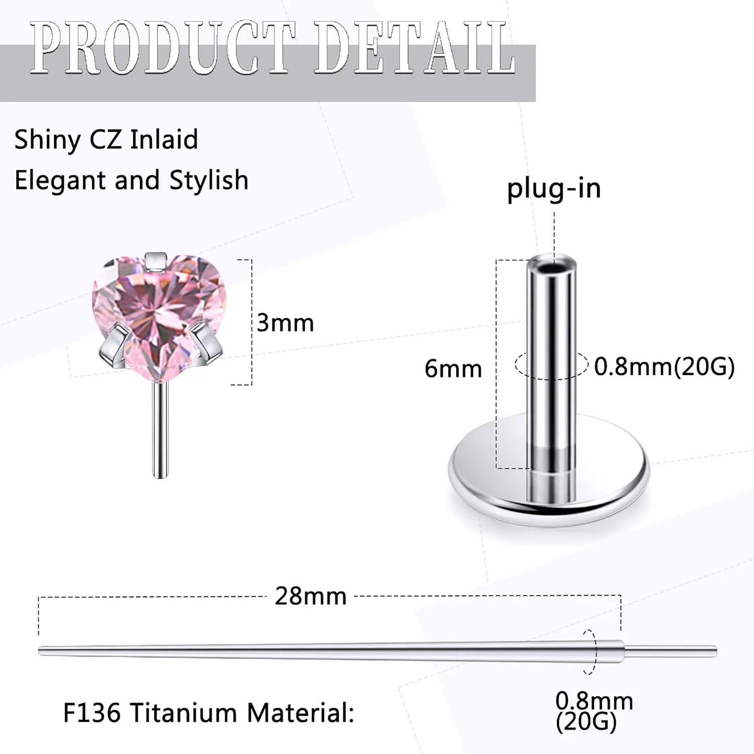 20G 18G 16G Threadless Push In Astm F136 Titanium Nose Ring Studs Flat Back Studs Earrings G23 Titanium Tragus Helix Conch Cartilage Earrings Piercing Jewelry For Women Men Clear Pink CZ
