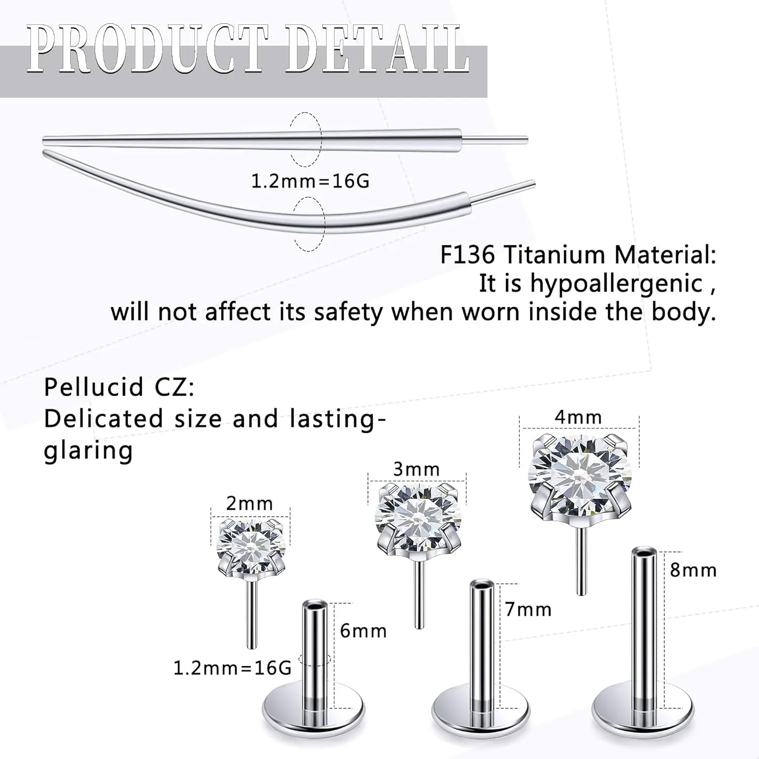 20G 18G 16G Threadless Push In Astm F136 Titanium Nose Ring Studs Flat Back Studs Earrings G23 Titanium Tragus Helix Conch Cartilage Earrings Piercing Jewelry For Women Men Clear Pink CZ