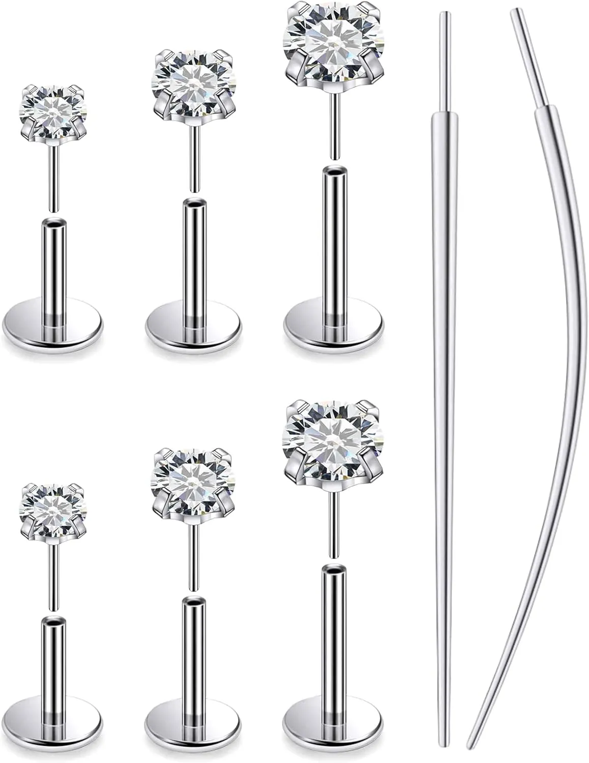 20G 18G 16G Threadless Push In Astm F136 Titanium Nose Ring Studs Flat Back Studs Earrings G23 Titanium Tragus Helix Conch Cartilage Earrings Piercing Jewelry For Women Men Clear Pink CZ