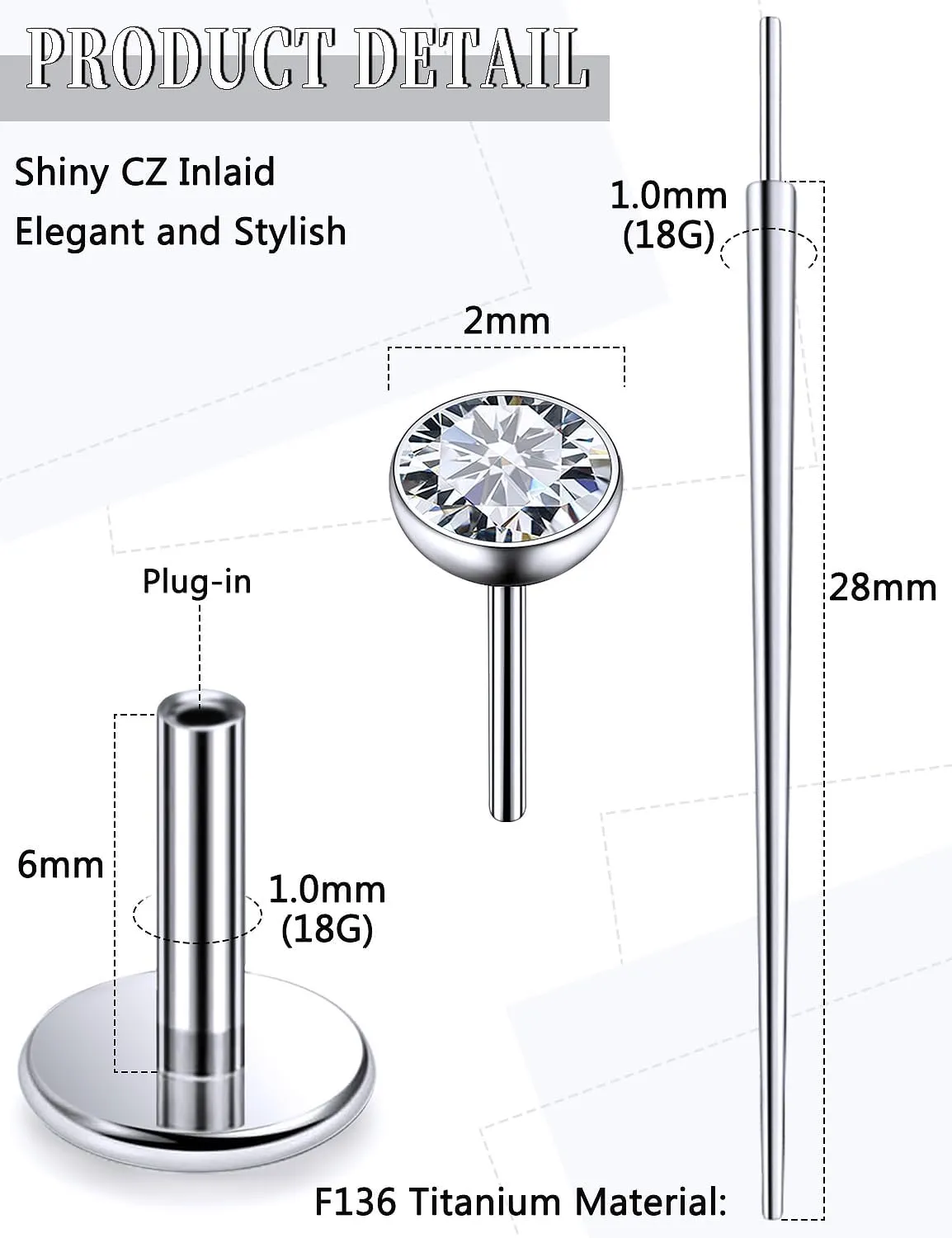 20G 18G 16G Threadless Push In Astm F136 Titanium Nose Ring Studs Flat Back Studs Earrings G23 Titanium Tragus Helix Conch Cartilage Earrings Piercing Jewelry For Women Men CZ 2mm 3mm 4mm