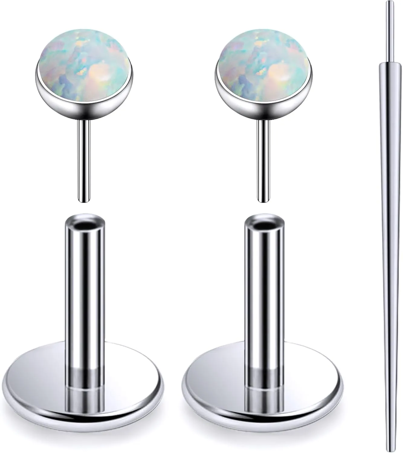 20G 18G 16G Threadless Push In Astm F136 Titanium Nose Ring Studs Flat Back Studs Earrings G23 Titanium Tragus Helix Conch Cartilage Earrings Piercing Jewelry For Women Men Opal 2-3mm