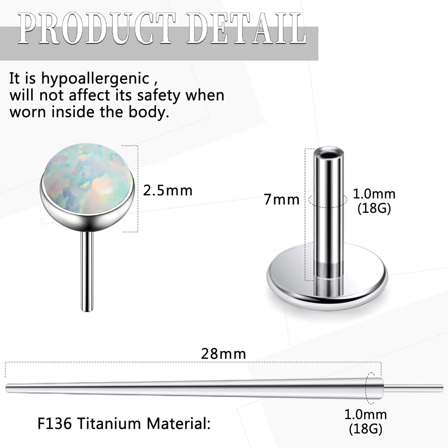 20G 18G 16G Threadless Push In Astm F136 Titanium Nose Ring Studs Flat Back Studs Earrings G23 Titanium Tragus Helix Conch Cartilage Earrings Piercing Jewelry For Women Men Opal 2-3mm