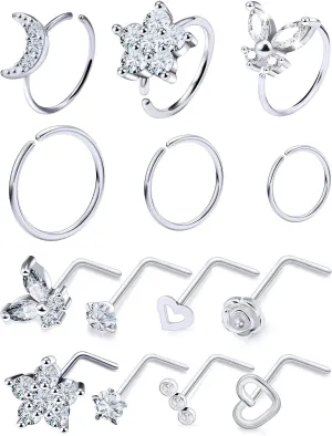 20G Nose Rings Hoops 316L Stainless Surgical Steel Hypoallergenic Nose Rings Studs Piercing Jewelry for Women Men Diamond Clear CZ Silver Gold Black Rainbow Rose Gold