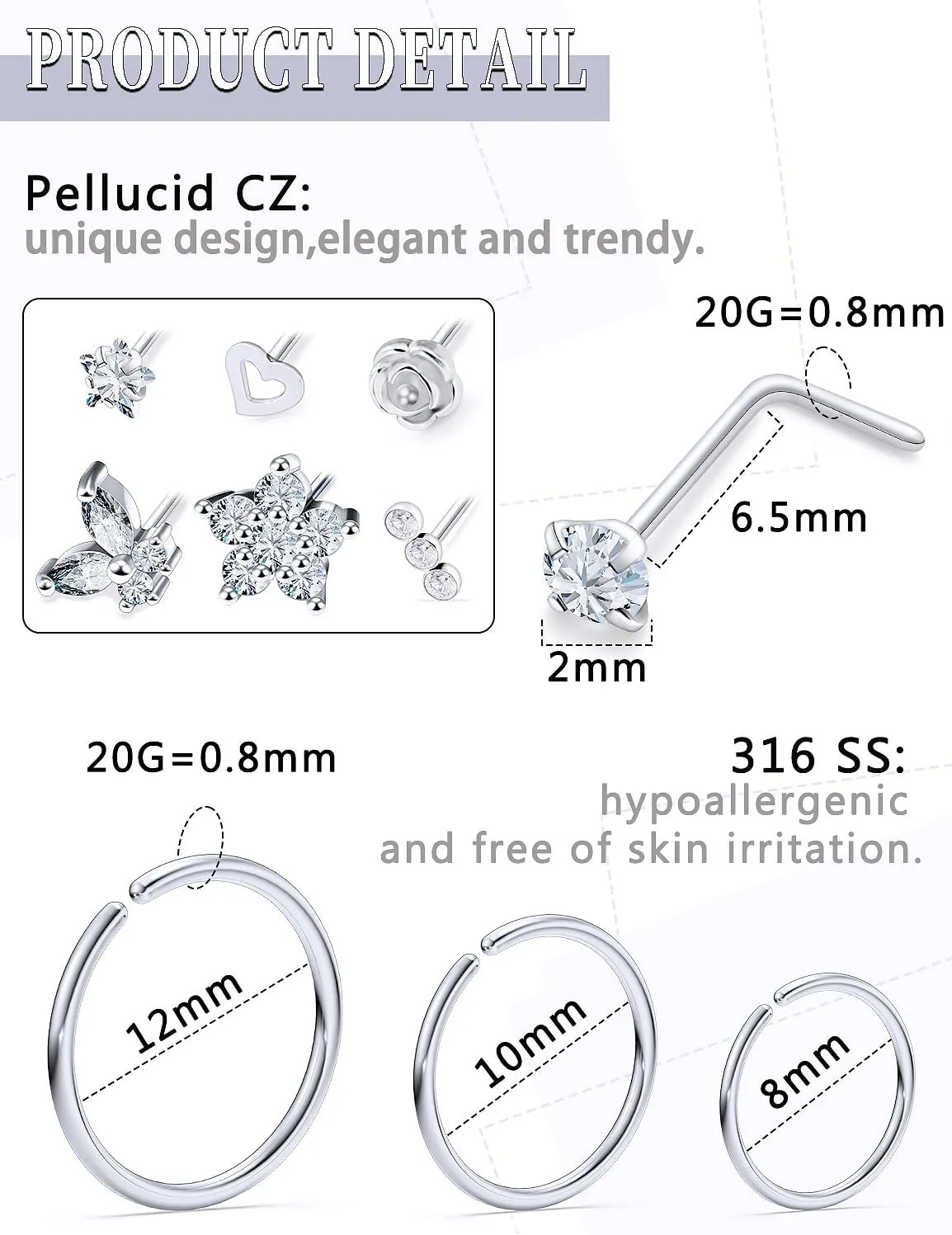 20G Nose Rings Hoops 316L Stainless Surgical Steel Hypoallergenic Nose Rings Studs Piercing Jewelry for Women Men Diamond Clear CZ Silver Gold Black Rainbow Rose Gold