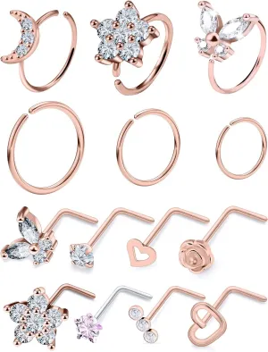 20G Nose Rings Hoops 316L Stainless Surgical Steel Hypoallergenic Nose Rings Studs Piercing Jewelry for Women Men Diamond Clear CZ Silver Gold Black Rainbow Rose Gold