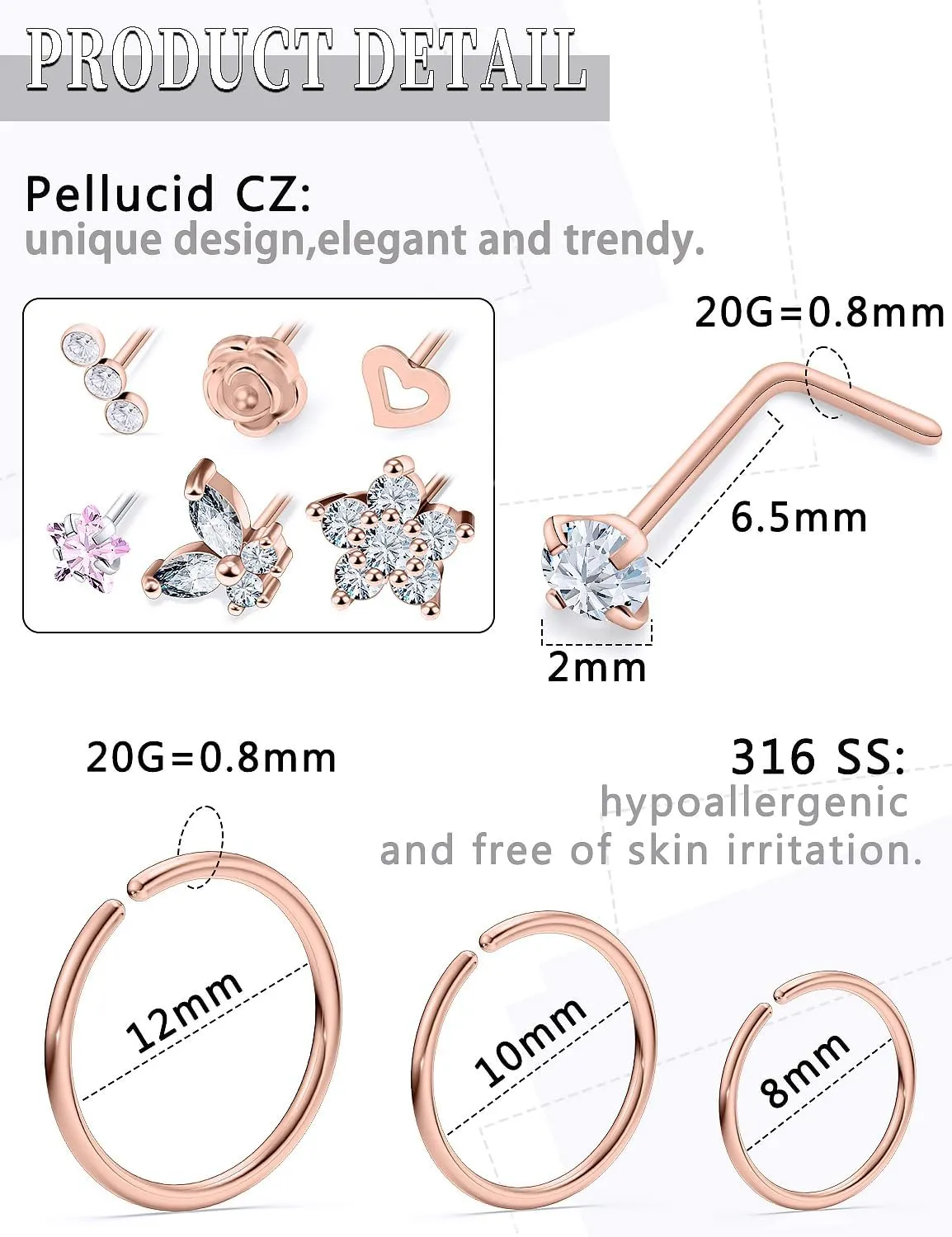 20G Nose Rings Hoops 316L Stainless Surgical Steel Hypoallergenic Nose Rings Studs Piercing Jewelry for Women Men Diamond Clear CZ Silver Gold Black Rainbow Rose Gold
