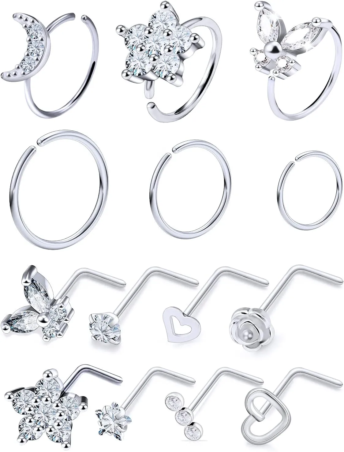 20G Nose Rings Hoops 316L Stainless Surgical Steel Hypoallergenic Nose Rings Studs Piercing Jewelry for Women Men Diamond Clear CZ Silver Gold Black Rainbow Rose Gold