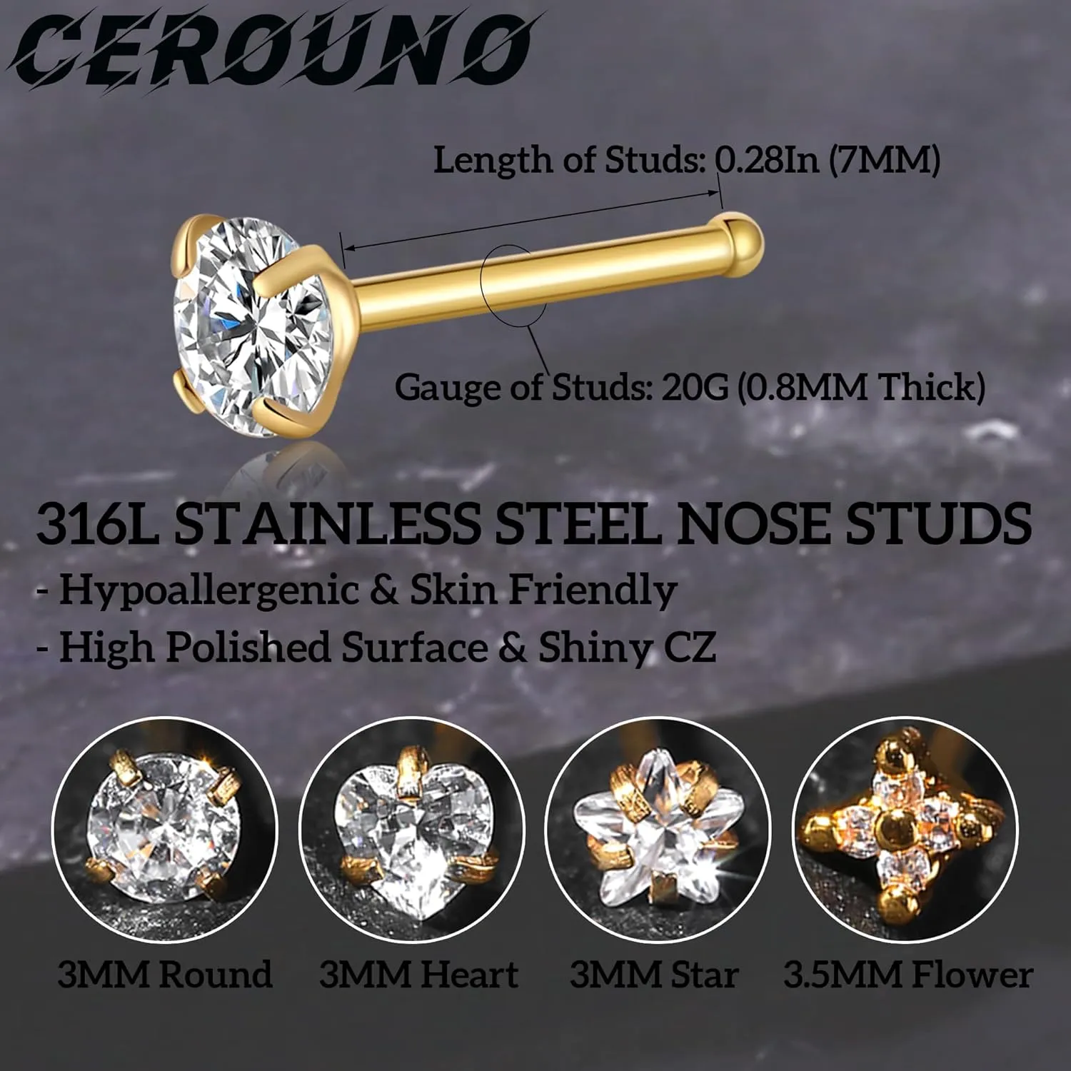 20G Nose Rings Studs - Surgical Steel Nose Piercing Jewelry Silver Gold Nose Studs for Women Men