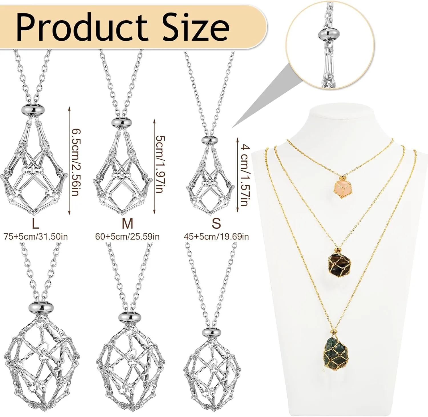 24 Pcs Crystal Cage Necklace 3 Sizes Crystal Stone Holder Necklace Adjustable Metal Valentine Gift for Women