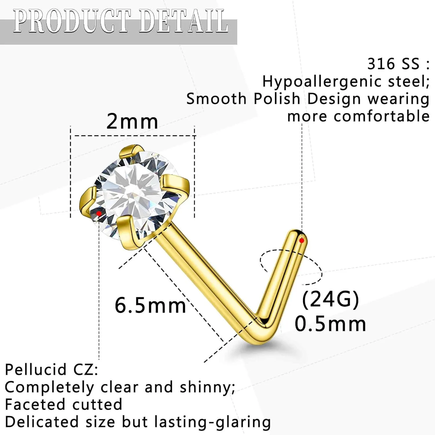 24G 22G 20G 18G Nose Rings Studs Piercing Jewelry For Women Men 316L Surgical Steel 14K Gold Filled L Shaped Nose Rings Studs Nostrial Piercing Jewelry for Women Men Diamond CZ 2mm 3mm