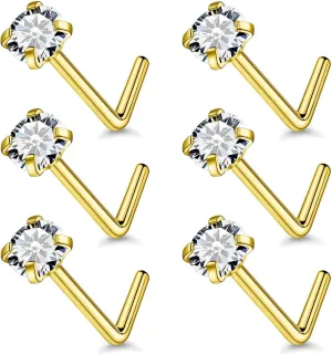 24G 22G 20G 18G Nose Rings Studs Piercing Jewelry For Women Men 316L Surgical Steel 14K Gold Filled L Shaped Nose Rings Studs Nostrial Piercing Jewelry for Women Men Diamond CZ 2mm 3mm