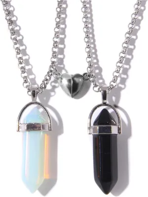 2Pcs Colorful Hexagonal Pointed Quartz Crystal Mutual Attraction Magnetic Heart Pendant Adjustable Necklace Friendship Couple Sweet Gifts for Women