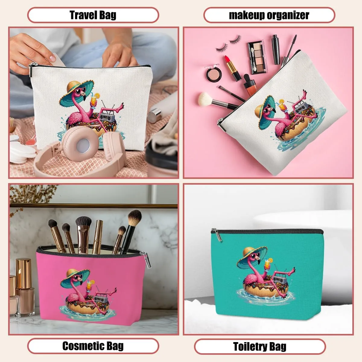 3 Pack Beach Summer Whimsical Bird Flamingo Gifts Makeup Bag, Travel Essentials Cosmetic Bags for Women Mom Nurse Doctor Girl Trip, Travel Toiletry Bag for Friendship Birthday Wedding Girls Weekend