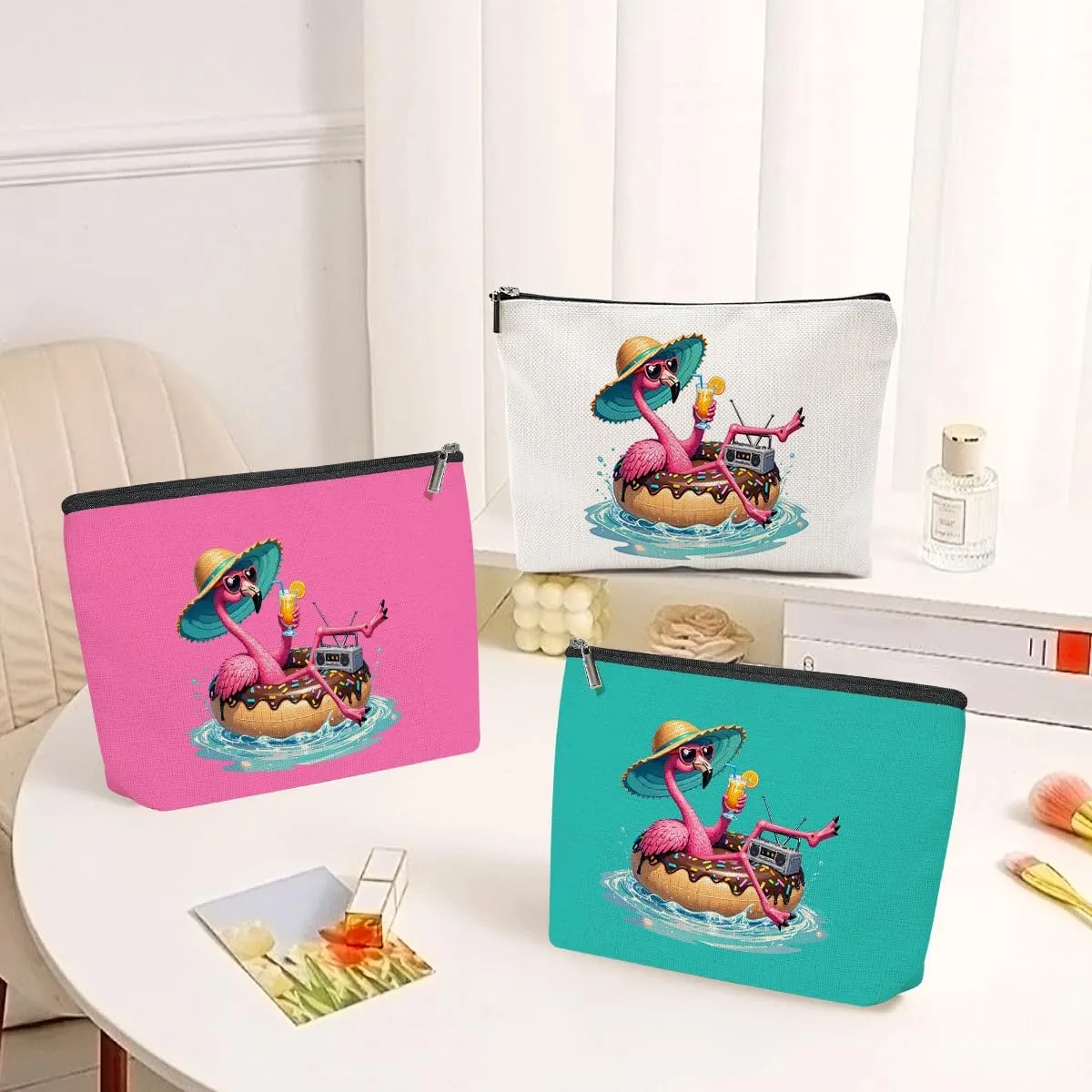 3 Pack Beach Summer Whimsical Bird Flamingo Gifts Makeup Bag, Travel Essentials Cosmetic Bags for Women Mom Nurse Doctor Girl Trip, Travel Toiletry Bag for Friendship Birthday Wedding Girls Weekend