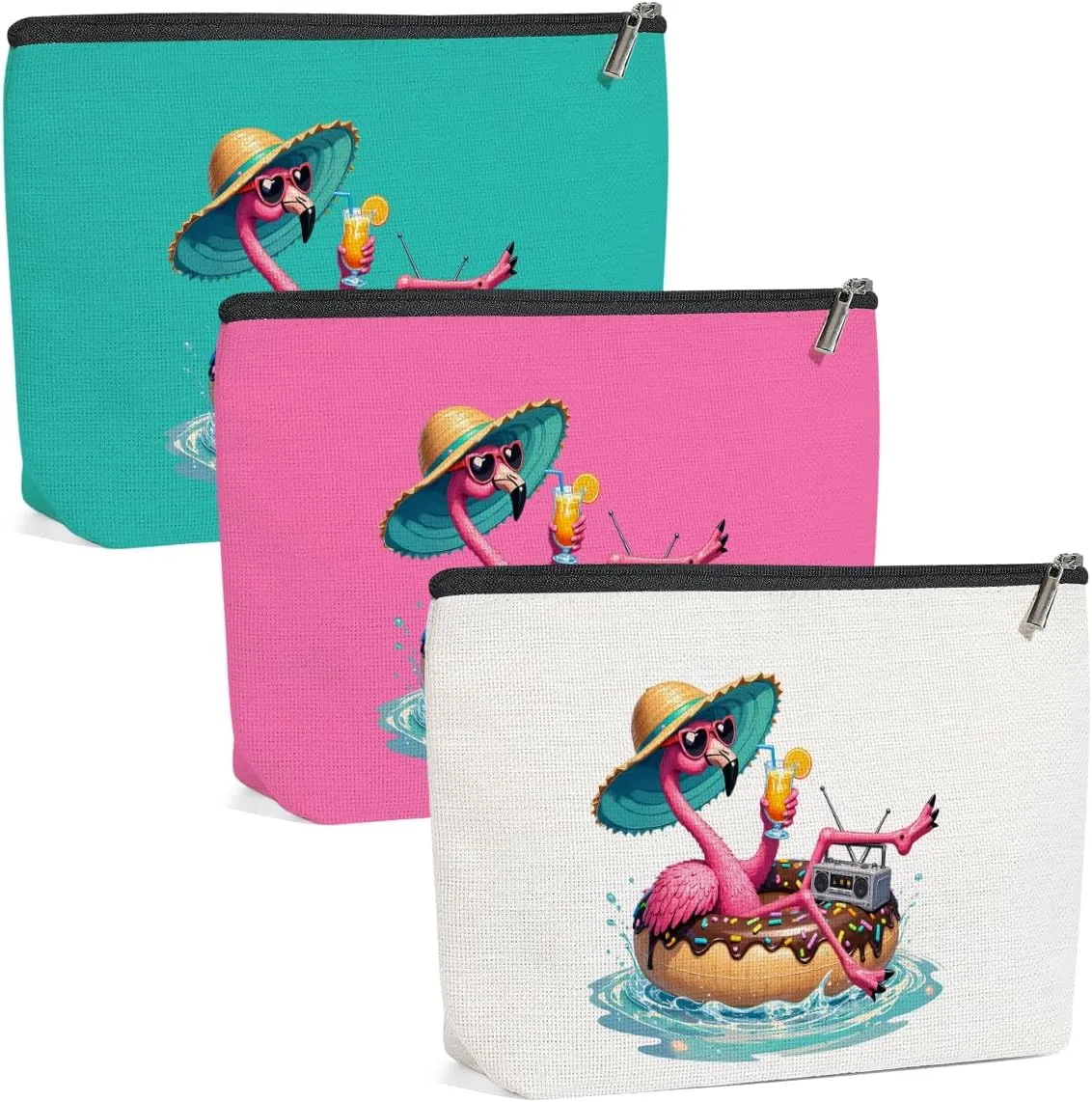 3 Pack Beach Summer Whimsical Bird Flamingo Gifts Makeup Bag, Travel Essentials Cosmetic Bags for Women Mom Nurse Doctor Girl Trip, Travel Toiletry Bag for Friendship Birthday Wedding Girls Weekend