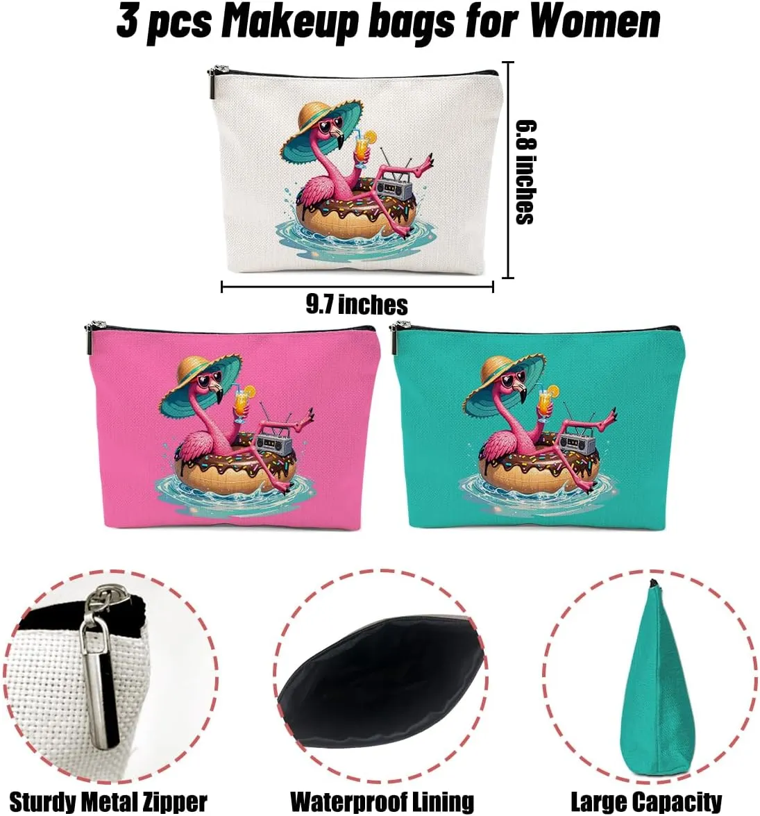 3 Pack Beach Summer Whimsical Bird Flamingo Gifts Makeup Bag, Travel Essentials Cosmetic Bags for Women Mom Nurse Doctor Girl Trip, Travel Toiletry Bag for Friendship Birthday Wedding Girls Weekend