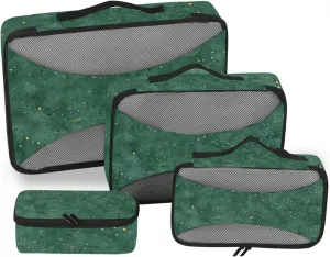 4 Pcs set travel luggage organizer Mesh Travel Essentials Green Stroke Gold portable packing cubes for carry