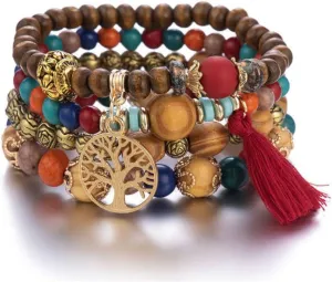 4Pcs Bohemia Charm Beaded Bracelet Set For Women Handmade Wood Beads Chain Bangle Female Boho Jewelry
