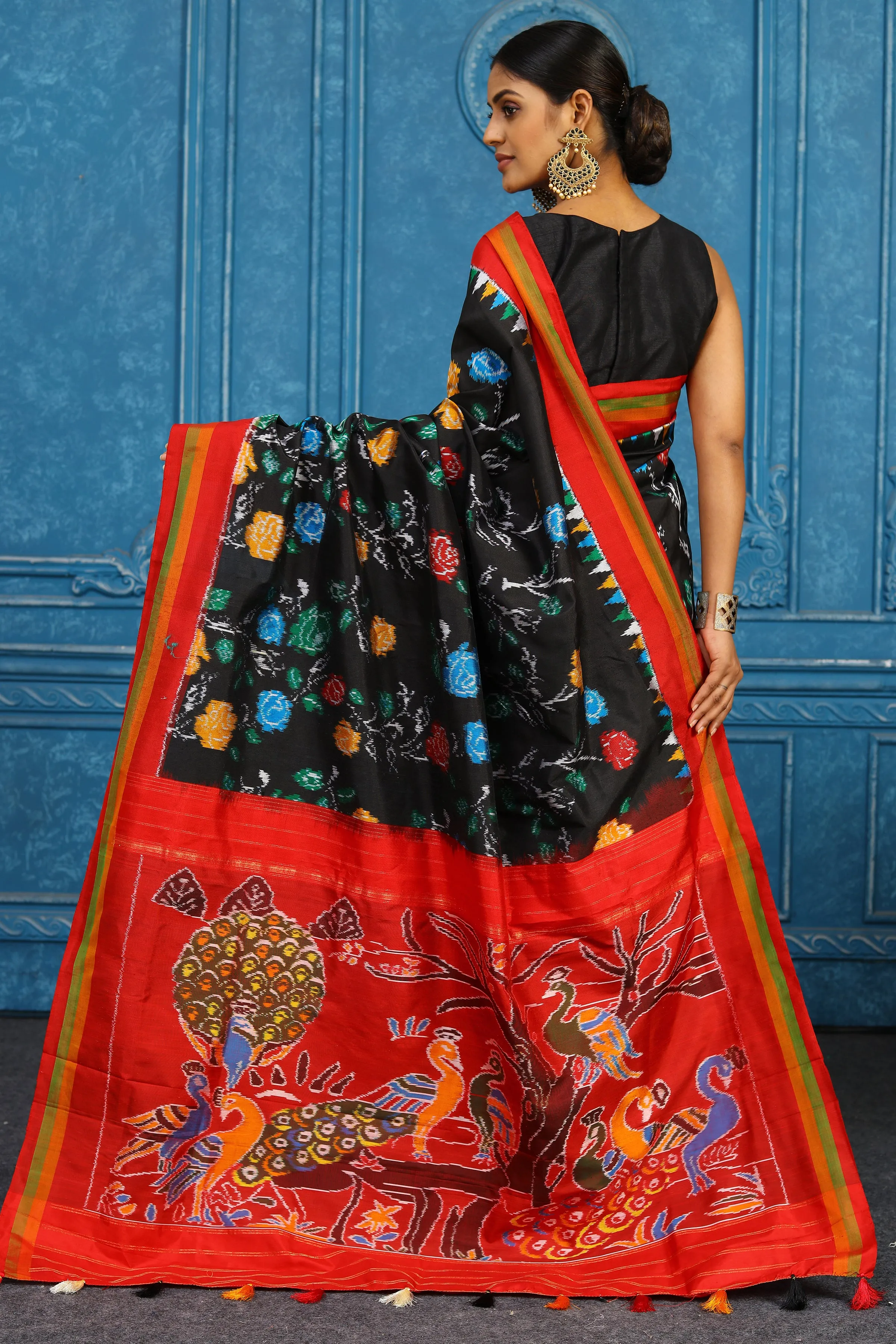 91A446 Black Pochampally Ikkat Saree with Red Border