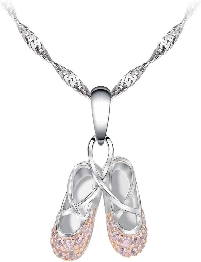 925 Sterling Silver Dance Recital Gifts for Girls Ballerina Necklace Jewelry Cubic Zirconia Ballet Slippers Shoes Necklace for Women Teen Little Girl & Dancer 18"