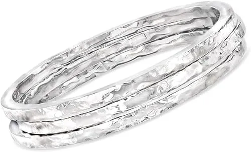 925 Sterling Silver Hammered Bangles For Women, Slender Skinny Stackable Bangles,Round Bangles, Stacking Bracelets, Set of 3 Hammered Bangles BY ISHU JEWELLER (7.5)