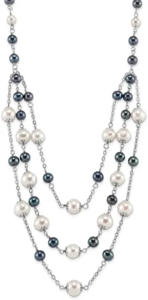 925 Sterling Silver Rh 6 10mm Wte Blk Freshwater Cultured Pearl Layered 2inch Ext. Necklacek 17 Inch Pendant Necklace for Women
