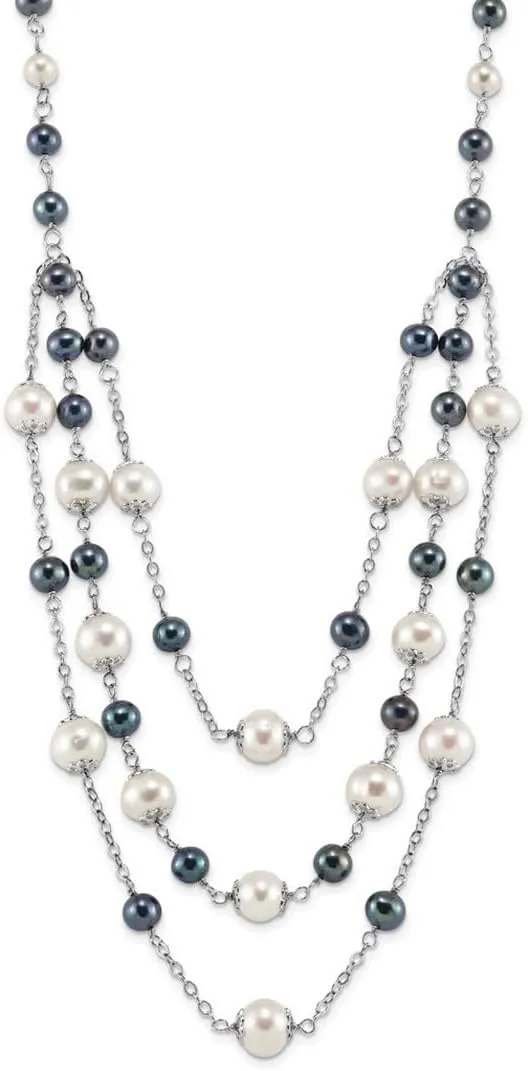925 Sterling Silver Rh 6 10mm Wte Blk Freshwater Cultured Pearl Layered 2inch Ext. Necklacek 17 Inch Pendant Necklace for Women