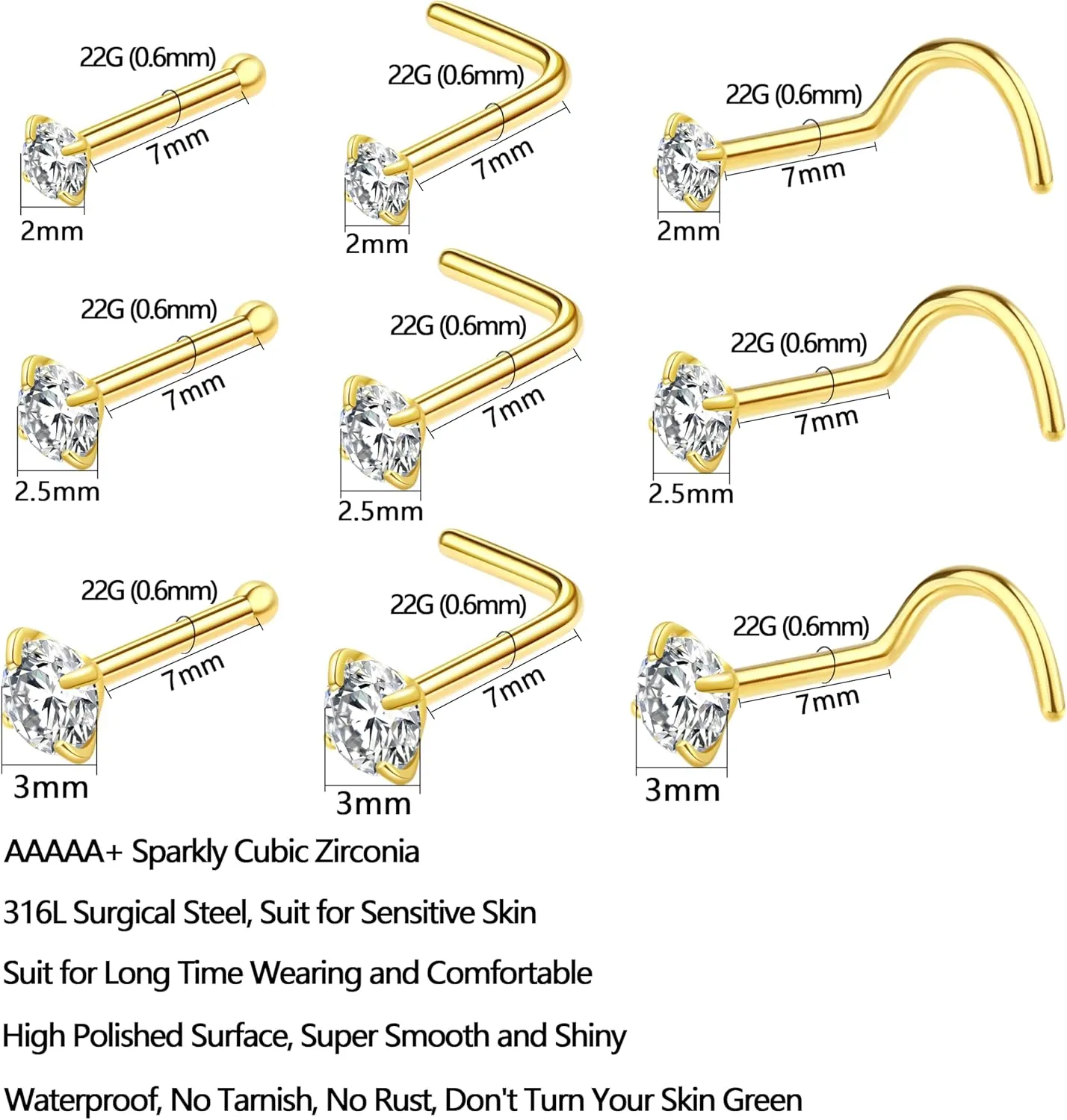 9Pcs 15Pcs Nose Rings Studs Corkscrew L Shape 20 22 Gauge Nose Piercing Jewelry Real Nose Piercings Surgical Steel 20G 22G Nose Rings Jewelry for Women Men 2mm 2.5mm 3mm CZ Gold Silver