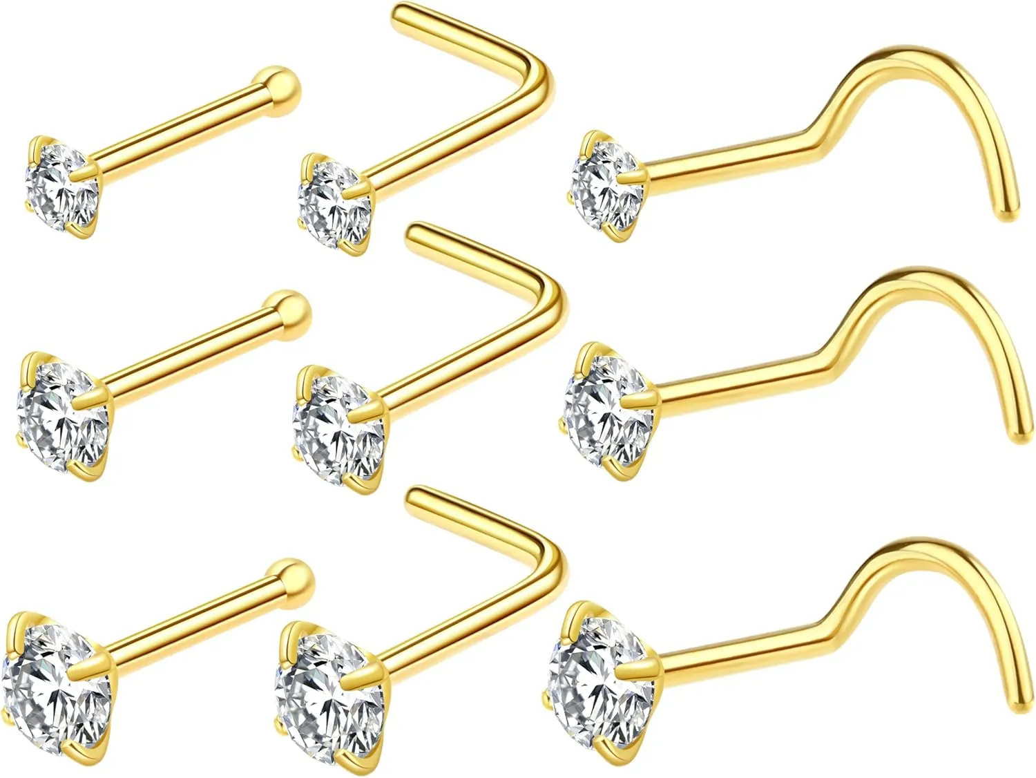 9Pcs 15Pcs Nose Rings Studs Corkscrew L Shape 20 22 Gauge Nose Piercing Jewelry Real Nose Piercings Surgical Steel 20G 22G Nose Rings Jewelry for Women Men 2mm 2.5mm 3mm CZ Gold Silver