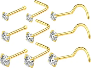 9Pcs 15Pcs Nose Rings Studs Corkscrew L Shape 20 22 Gauge Nose Piercing Jewelry Real Nose Piercings Surgical Steel 20G 22G Nose Rings Jewelry for Women Men 2mm 2.5mm 3mm CZ Gold Silver