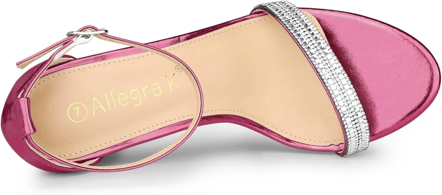 Allegra K Women's Rhinestone Ankle Strap Chunky Heels Sandals
