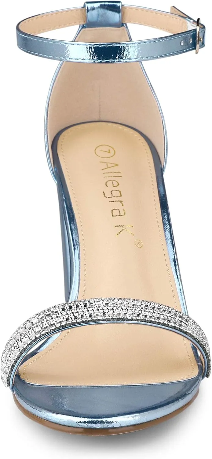 Allegra K Women's Rhinestone Ankle Strap Chunky Heels Sandals