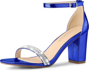 Allegra K Women's Rhinestone Ankle Strap Chunky Heels Sandals