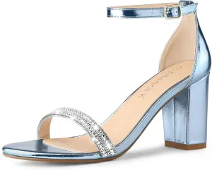 Allegra K Women's Rhinestone Ankle Strap Chunky Heels Sandals