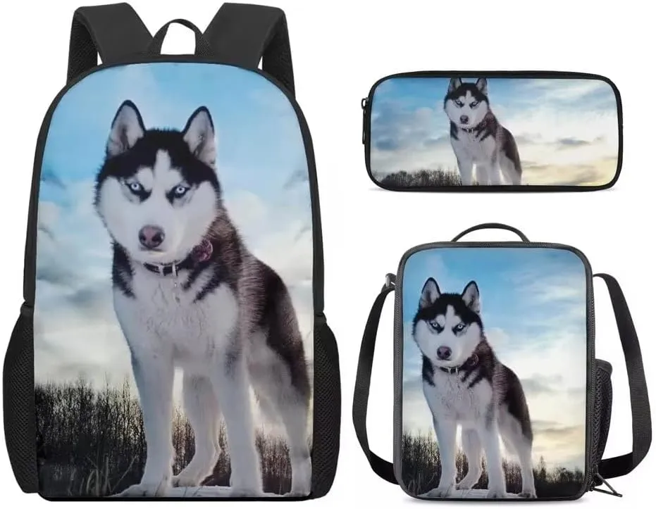 AmzPrint Cute Siberian Husky 3pc Back To School Bag Gifts Class Set Kids Backpack Pencil Case Insulated Lunch Bag For School